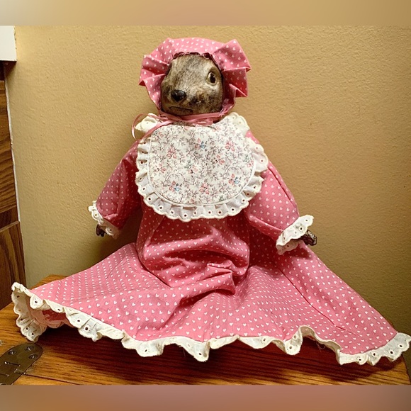 Vintage Artisan Hand Crafted Female Baby Doll Pink Dress Rabbit Head Baroque - Picture 4 of 15